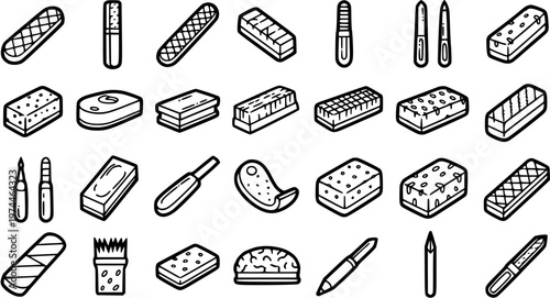 Black and White Line Art Icons of Nail Care Tools and Supplies on White Background