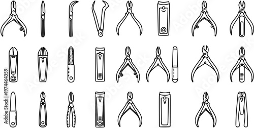 Black and White Line Art of Manicure and Pedicure Tools, Nail Clippers, Cuticle Nipper, Nail File