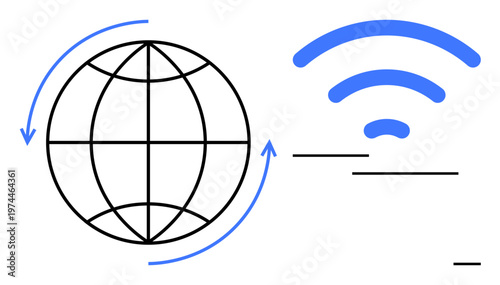 Internet access, global communication, networking, data transfer, wireless technology, digital connectivity. Globe with arrows next to a wireless signal. Internet access and global communication