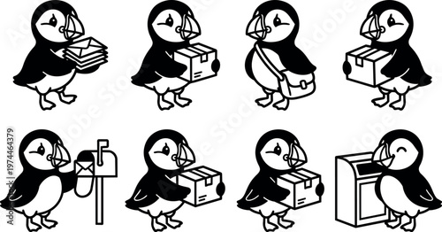 Black and white puffin carrying mail packages and letters in vector art