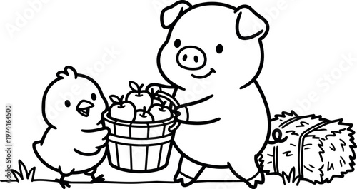 Black and white line art pig and chick carrying basket of apples with hay bale