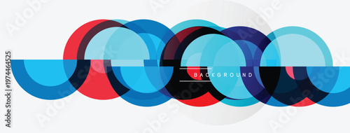 Abstract design features overlapping circles. Blue, red, cyan hues create modern visual effect. Simple background enhances shapes.