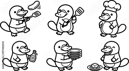Cartoon platypus cooking holding spatula plates and syrup bottle