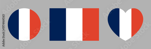 France round, rectangular, heart shaped flag icon, sticker. National heart, rectangle, circle flag badge, button. France flag banner in heart, circular, square shapes. Set of French flag backgrounds.