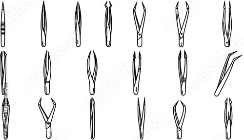 Line Art Icons Set of Various Tweezers. Black and White Outline Collection of Forceps for Beauty, Personal Care, Medical, Electronics, and Crafting Applications.