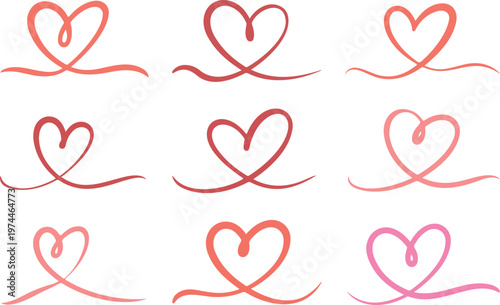 Set of colorful hand drawn heart swirls and romantic divider elements, cute love doodle collection for wedding and valentine design