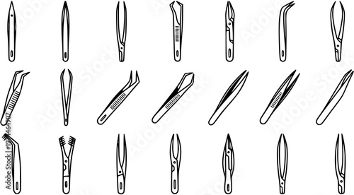 Collection of Black and White Line Art Tweezers, Various Styles for Beauty and Medical Use