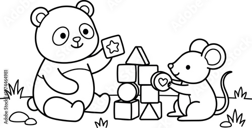 Panda and mouse playing with stacking blocks