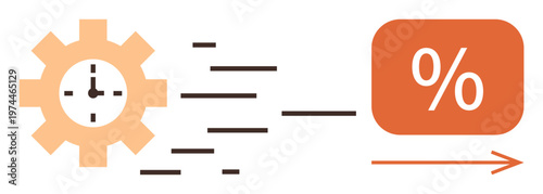 Efficiency, productivity, finance management, time tracking, cost optimization, workflow improvement. Gear with clock and percentage symbol in motion. Efficiency and productivity concepts