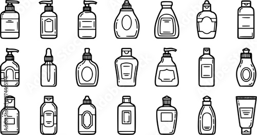 Set of Personal Care and Cosmetic Product Bottles Black and White Line Art Icons for Beauty and Hygiene Packaging Design