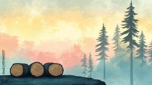Cut Timber Logs and Silhouetted Pine Trees on Misty Mountain Ridge at Sunrise