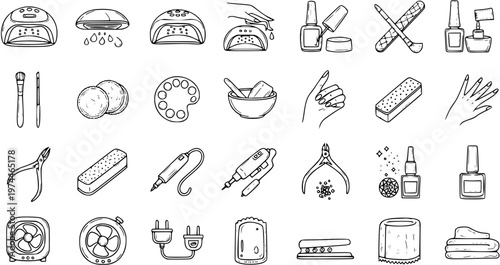 Black and White Line Art Icons of Nail Salon Tools and Equipment for Manicure