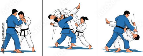 Judo Martial Arts Illustration Set Featuring Throwing Techniques and Grappling Moves for Sports and Self-Defense Training
