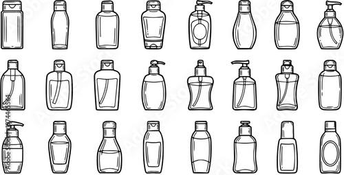 Black and White Line Art Collection of Various Bottles and Dispensers for Beauty and Health Products