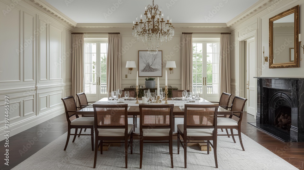 Fototapeta premium A professional, bright interior photo of an elegant classical dining space that blends luxury with a fresh atmosphere. Sunlight streams through expansive, multi-pane windows, casting a warm glow