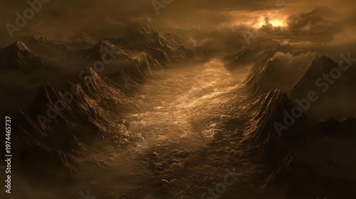 Aerial view of a harsh mountain valley with receding glaciers, illustrating climate change impacts