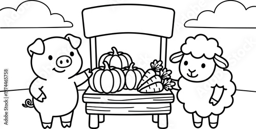 Black and white line art pig and sheep with pumpkins and carrots on wooden chair
