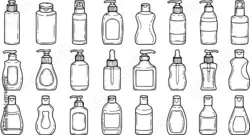 Hand Drawn Personal Care and Beauty Products Bottles Set - Outline Sketch of Cosmetic and Hygiene Dispensers, Lotion, Shampoo, and Serum Containers