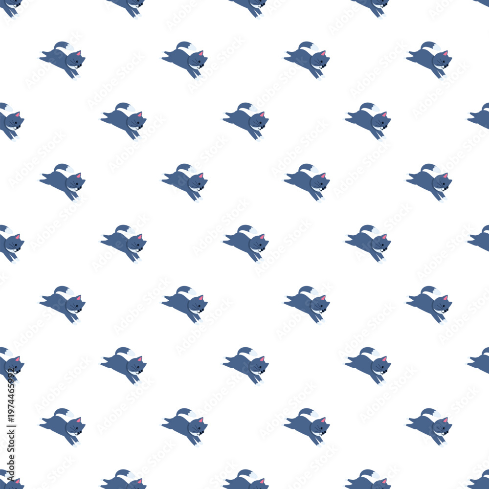 Fototapeta premium Repeating illustration of a playful cat in a blue and white design