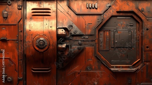 Detailed close-up of weathered industrial metal panel with futuristic geometric design and orange rust textures