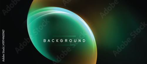 Abstract design features flowing layers, vibrant teal, gold hues. Text reads background centered within luminous shape. Dark backdrop enhances visual impact.