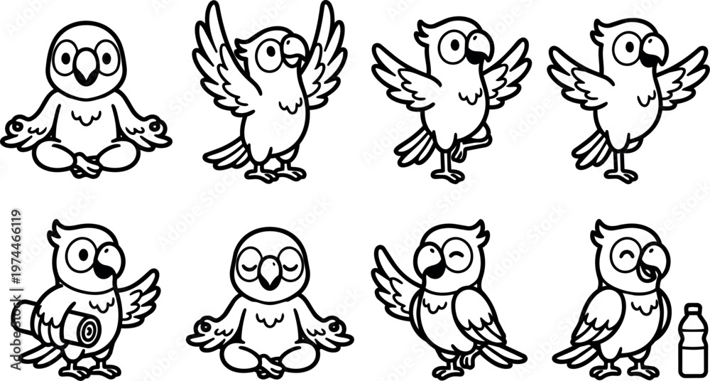 Obraz premium Black and white cartoon parrot line art collection with various poses and objects