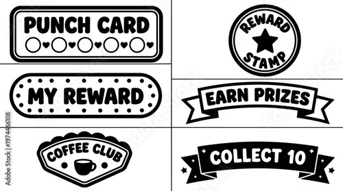 Black and white punch card reward stamps coffee club badges vector art