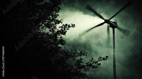 Dramatic Wind Turbine Blades Spinning in Misty Twilight, Illuminated by Spotlight, Featuring Tree Silhouette