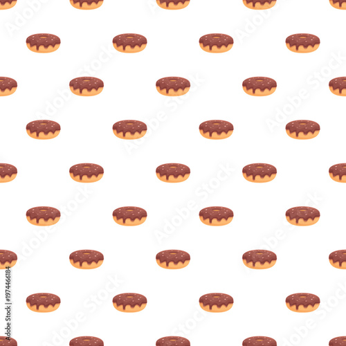 Chocolate donuts create a sweet dessert food pattern on white background