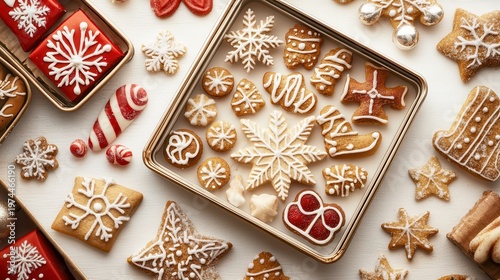 Festive Christmas Cookies and Holiday Sweets Arranged in a Decorative Tin with Festive Designs