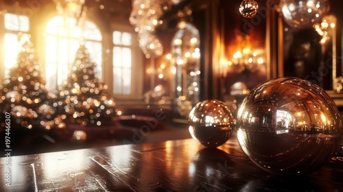 Elegant Christmas Ornaments and Lights Decorating a Festive Interior with Warm Ambiance