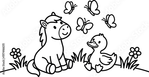 Black and white line art pony duck and butterflies on grass with flowers