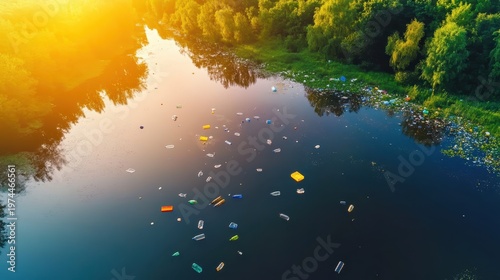 Floating plastic bottles littering a polluted river, an aerial view showcasing environmental degradation near a tree-lined bank.