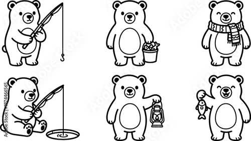 Happy bear fishing holding bucket lantern and fish