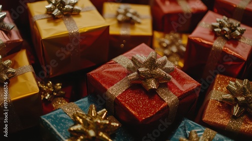 Festive Christmas Gifts Wrapped in Colorful Paper with Glittering Bows and Ribbons, Cozy Ambiance