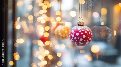 Festive Christmas ornaments with vibrant dots hang against a blur of bokeh holiday lights