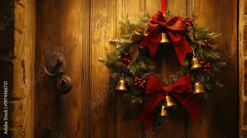 Festive Christmas Wreath with Red Bows and Golden Bells Adorning a Rustic Wooden Door for Holiday Welcome