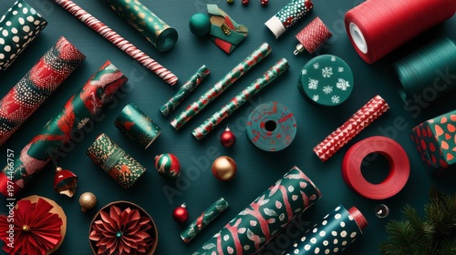 Festive Christmas Wrapping Paper Rolls and Ribbons Artfully Arranged on a Dark Tabletop Surface