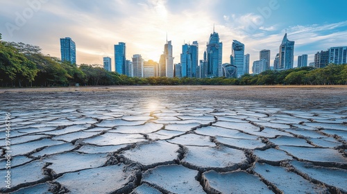 A parched, cracked earth foreground leads to a modern city skyline under a dramatic, cloudy sky.