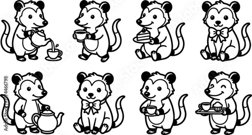 Black and white line art cute ferret drinking tea and holding cake set