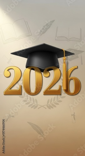 Class of 2026 Graduation Cap and Golden Numbers on Textured Background.