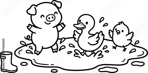 Black and white line art happy pig duck and chick splashing in muddy puddle