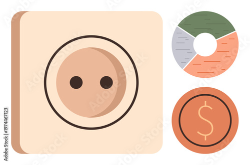 Financial planning, energy consumption, economic analysis, budgeting, resource allocation, sustainability. Visual shows socket, pie chart dollar coin. Financial planning and energy consumption