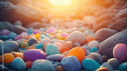 Colorful Plastic Waste Interspersed With Natural Stones on a Sunlit Rocky Beach