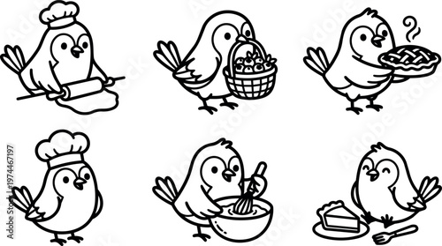 Cute cartoon birds baking and holding pie and basket