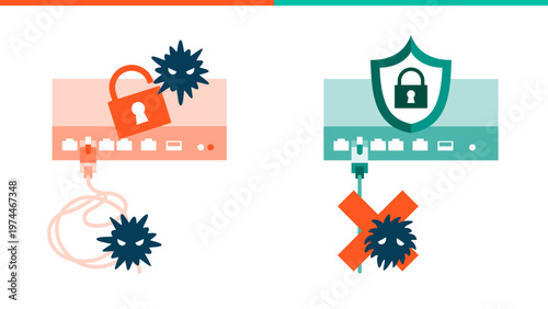 Cyber security network infrastructure upgrade comparing outdated legacy VPN gateway with modern secure encrypted VPN connection for corporate data protection and workflow optimization