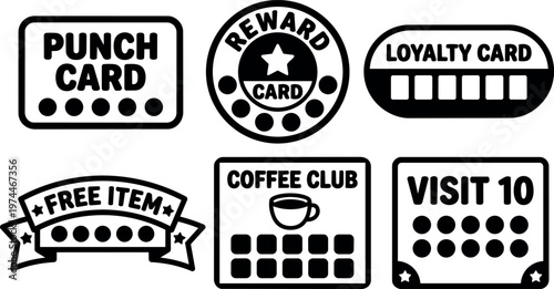 Black and white loyalty punch reward cards with stamps and icons vector art