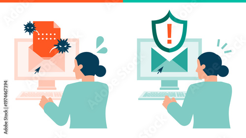 Cyber security employee awareness training showing woman reporting suspicious phishing email to IT department for targeted attack prevention and corporate information risk management