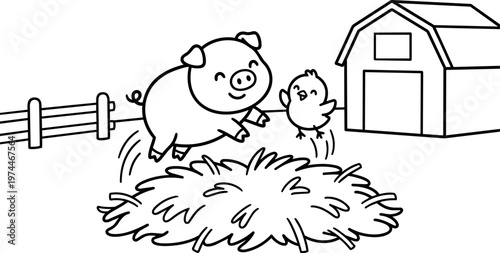 Happy pig and chick jumping on haystack near barn line art vector