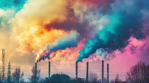 Industrial smokestacks billowing colorful smog against a vibrant, dramatic sky